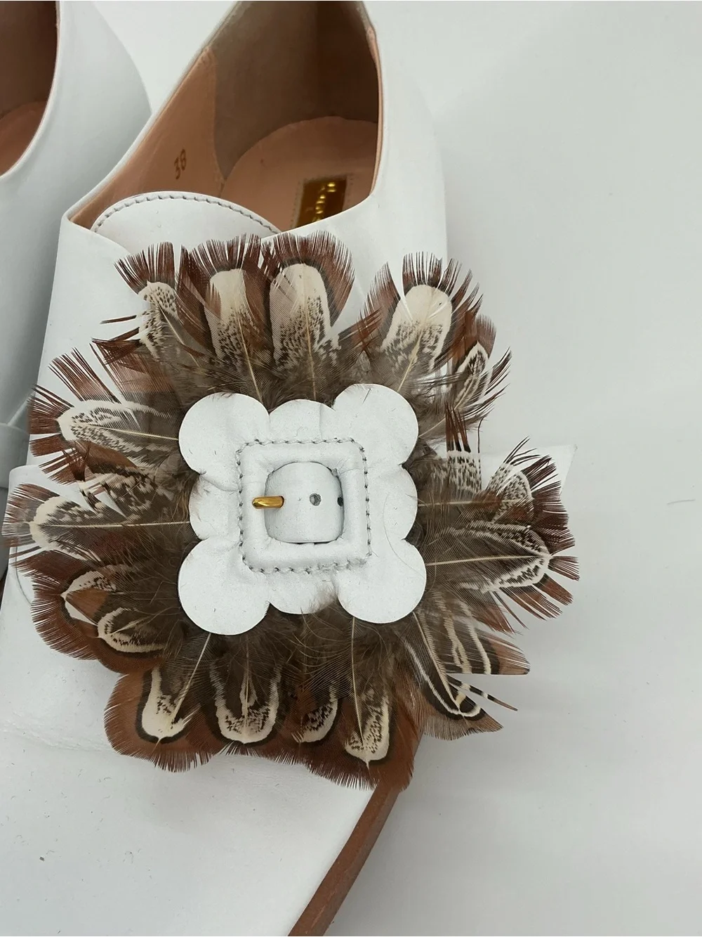 Rupert Sanderson White Leather Feather Embellished Loafers Flats 38